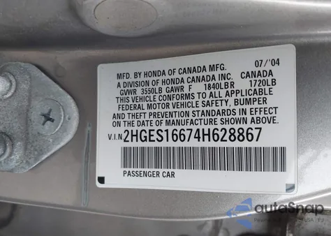 2004 Honda Civic Lx из США, поврежденный, VIN 2HGES16674H628867